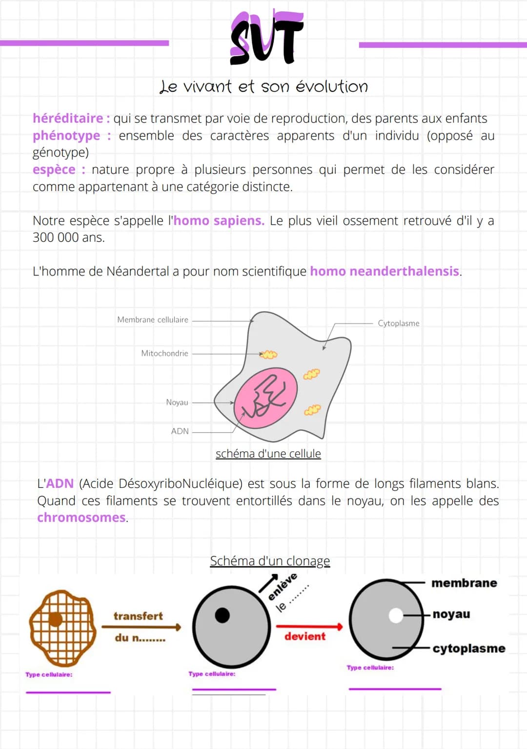 # SUT

Le vivant et son évolution

héréditaire: qui se transmet par voie de reproduction, des parents aux enfants
phénotype: ensemble des ca