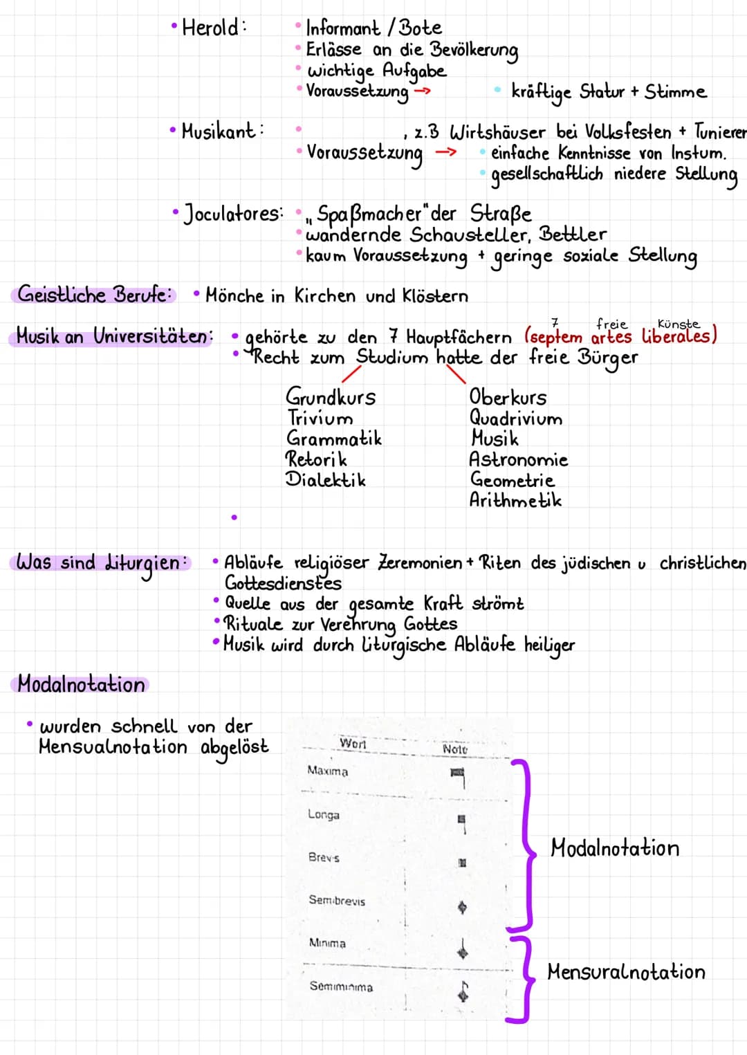 # Lernzettel Musikklausur

# Mittelalter

Allgemein:
*   Zeitraum 500-1500
*   Entwicklung der Musik von 900-1450
    *   Gregoreanischer Ch