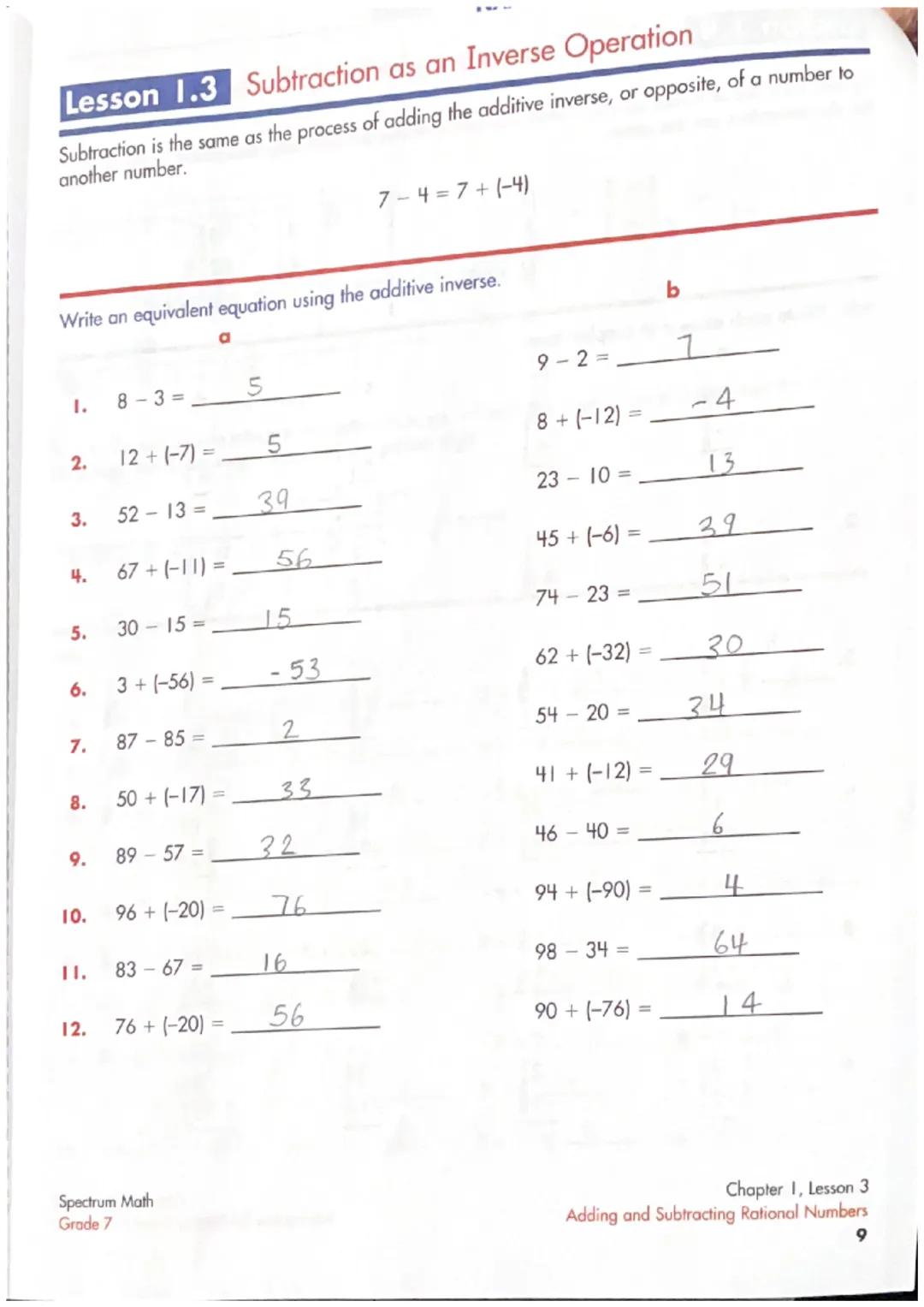 # Lesson 1.3 Subtraction as an Inverse Operation
Subtraction is the same as the process of adding the additive inverse, or opposite, of a nu