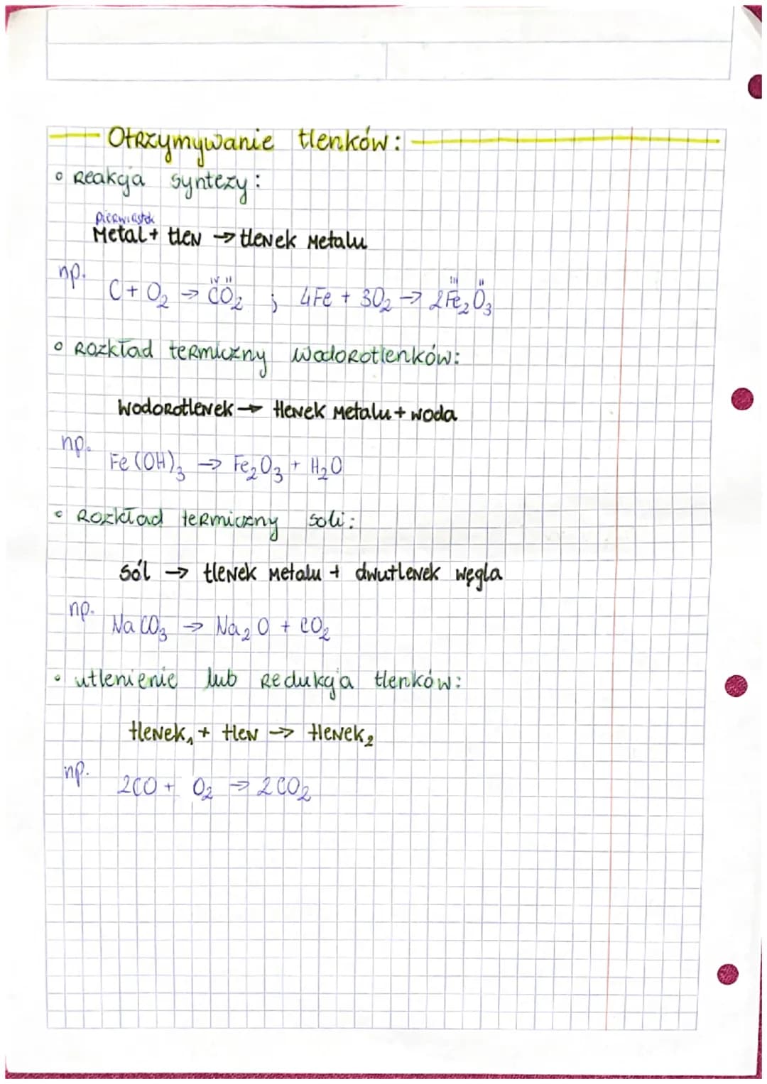 # Tlenki

- Wzory ogólne
$E_2 O_n$
$EO_{\frac{n}{2}}$

- Przykłady tlenków

tlenki metali:
- Na₂O-tl. sodu
- CaO - tl. wapnia
- Fe₂O₃-tl. że
