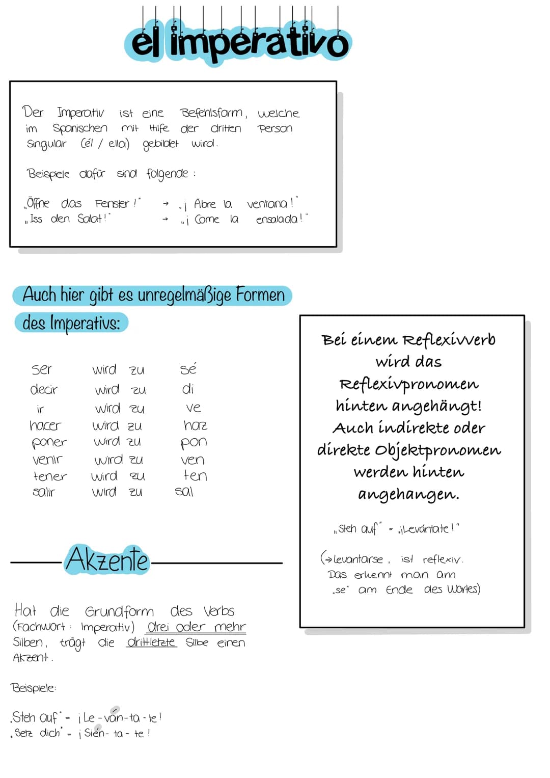 # el imperativo

Der Imperativ ist eine Befehlsform, welche
im Spanischen mit Hilfe der dritten Person
Singular (él/ella) gebildet wird.

Be