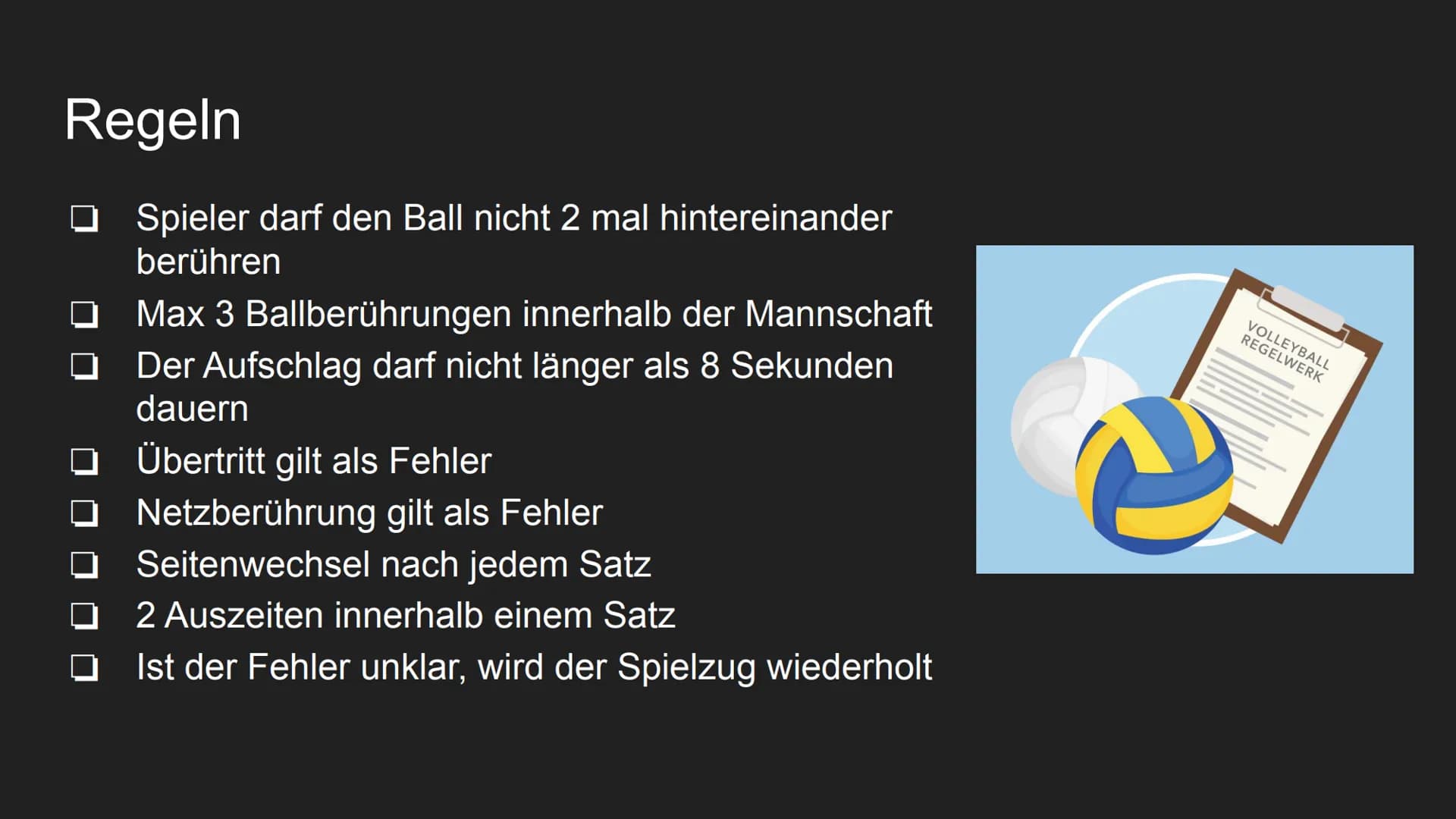 Volleyball

Sport # Gliederung

## Theorie:
- Geschichte des Volleyballs
- Allgemeines
- Voraussetzungen
- Spielfläche
- Regeln

## Praxis:
