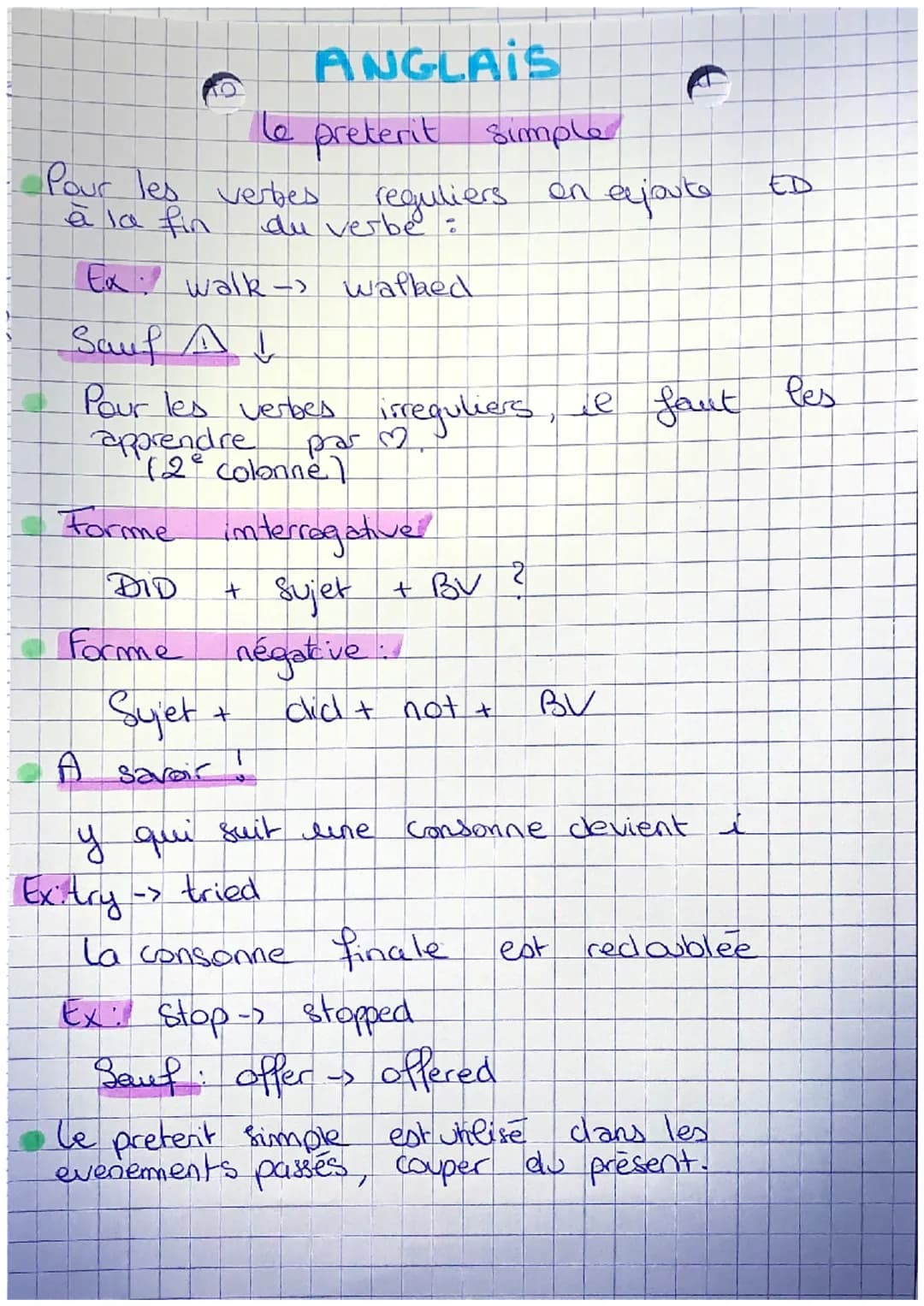 # ANGLAIS

le preterit simple

*   Pour les verbes reguliers en ajoute ED
    à la fin du verbe:

Ex: walk -> walked

Sauf A ↓

*   Pour les
