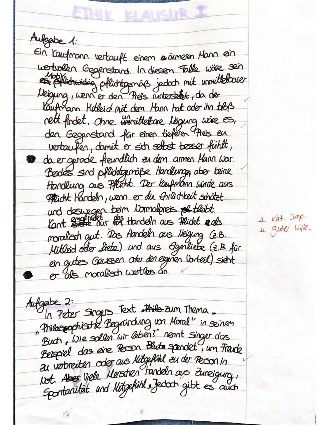 10.11.2020

-J2 Ethik

Klausur 1: „Der moralische Imperativ bei Kant"

Aufgabe 1:

Stelle - unabhängig vom Text - den Pflichtbegriff bei Kan