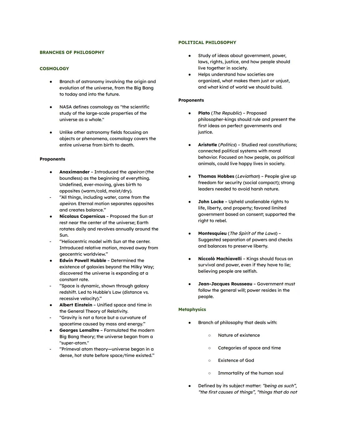 BRANCHES OF PHILOSOPHY
COSMOLOGY
Branch of astronomy involving the origin and
evolution of the universe, from the Big Bang
to today and into