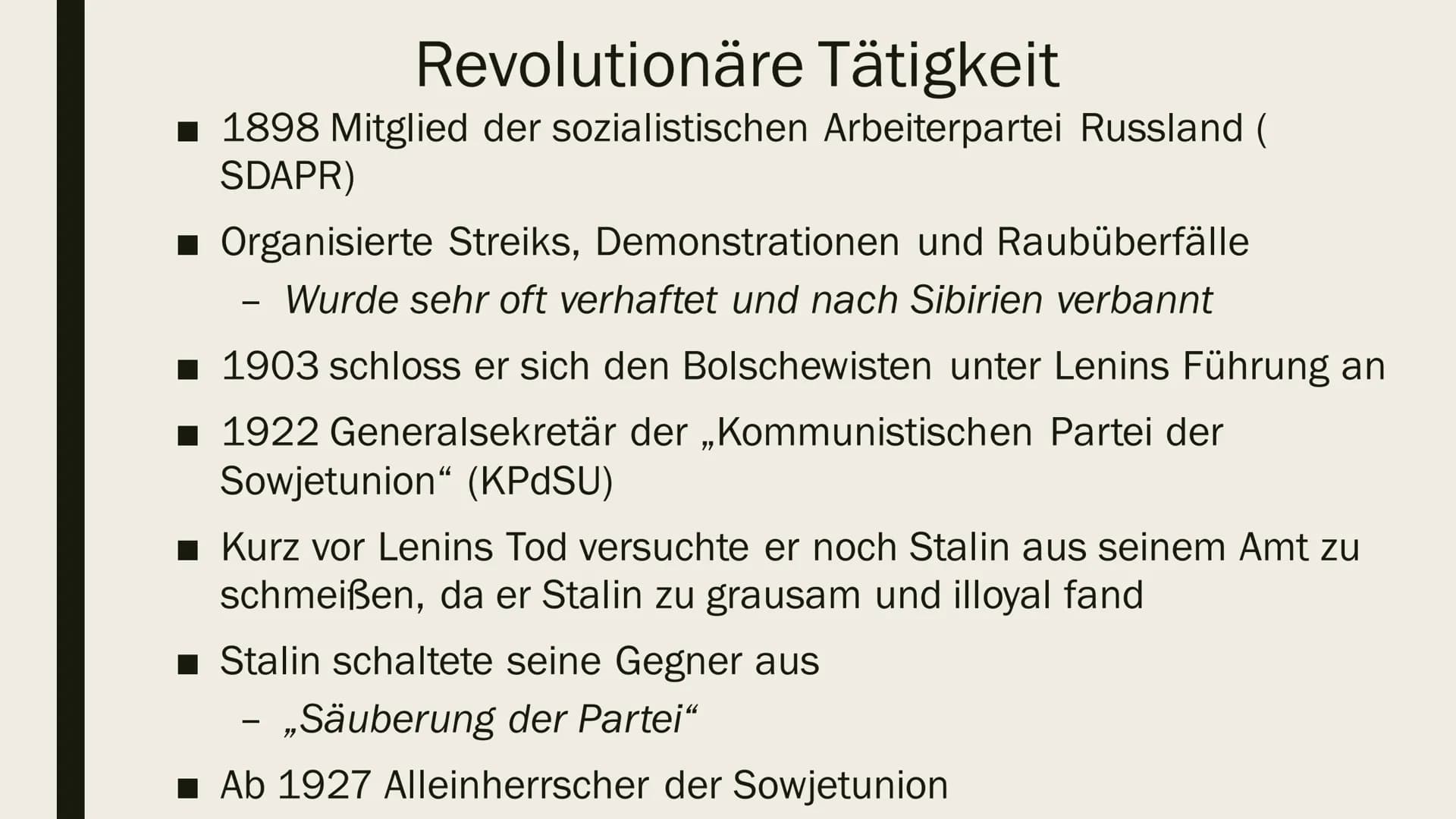 JOSEF STALIN

Präsentation von Ilinca Michels Inhalt

- Biographie
- Kindheit& Jugend
- Revolutionäre Tätigkeit
- Hitler-Stalin Pakt
- Verbr