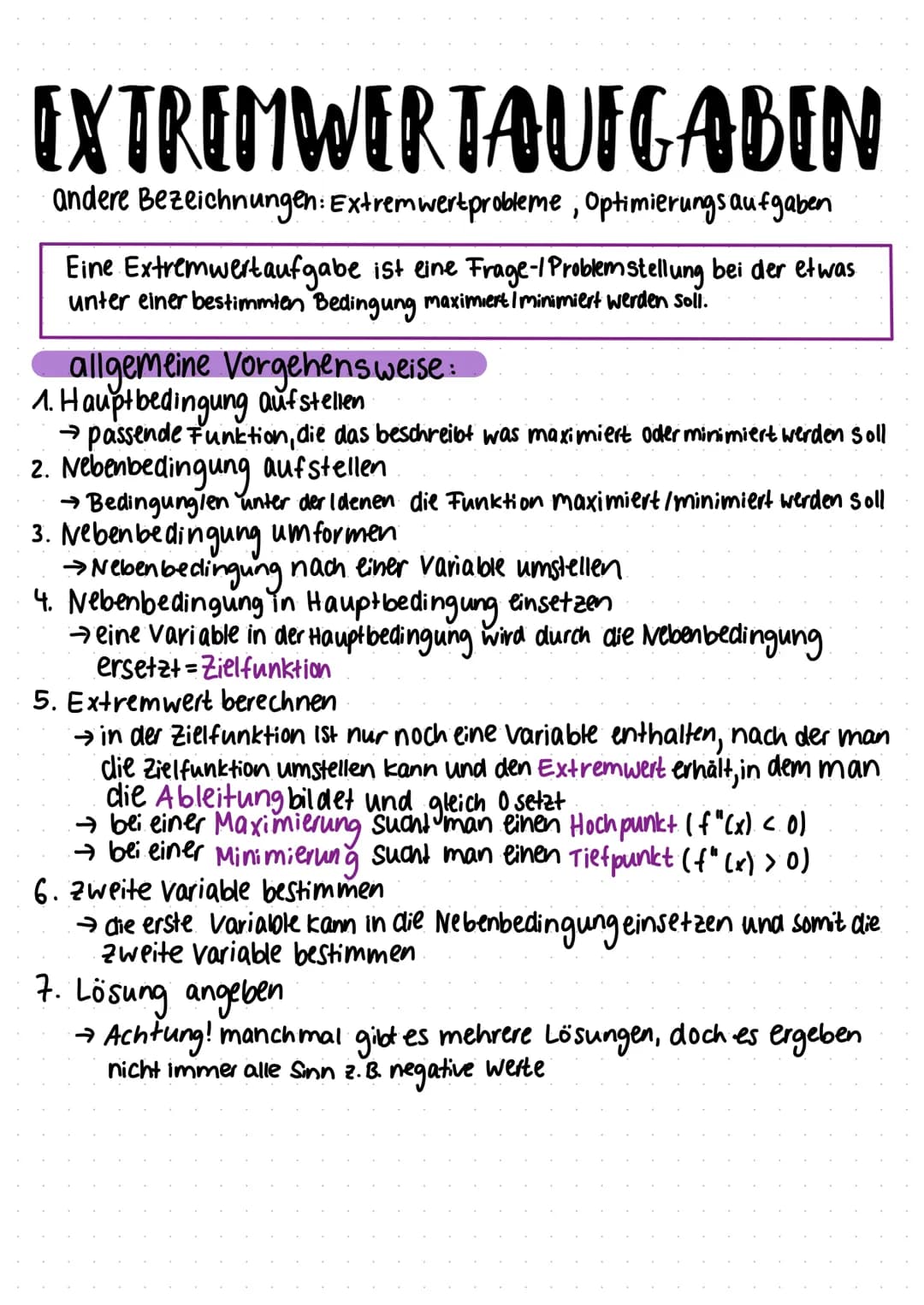 # EXTRIMWER TAUFGABIN

andere Bezeichnungen: Extremwertprobleme, Optimierungsaufgaben

Eine Extremwertaufgabe ist eine Frage-/Problemstellun
