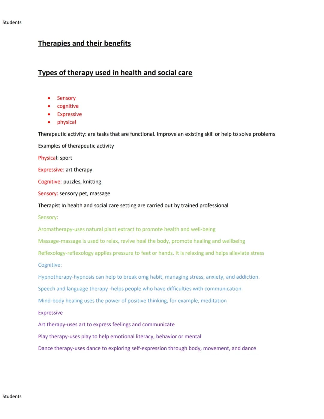 Students

Therapies and their benefits

Types of therapy used in health and social care

- Sensory
- cognitive
- Expressive
- physical

Ther