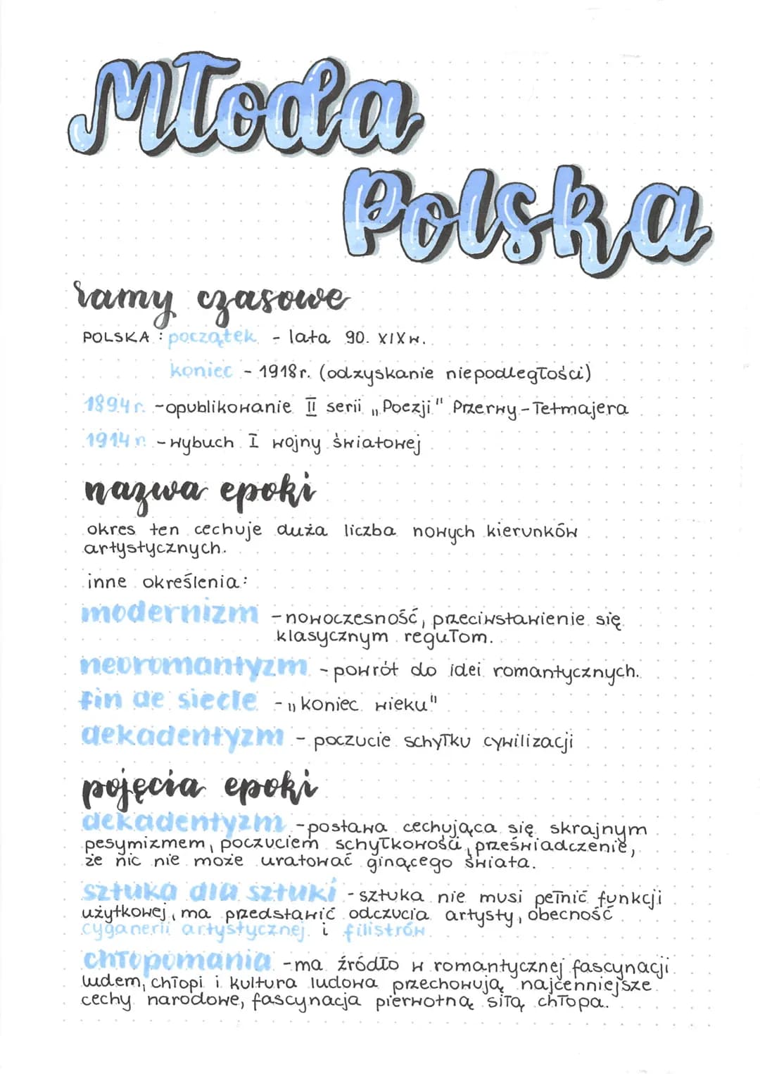 # Młoda

# Polska

## ramy czasowe

POLSKA początek lata 90. XIXW..

koniec 1918r. (odzyskanie niepodległości)

1894 г. -opublikowanie I ser