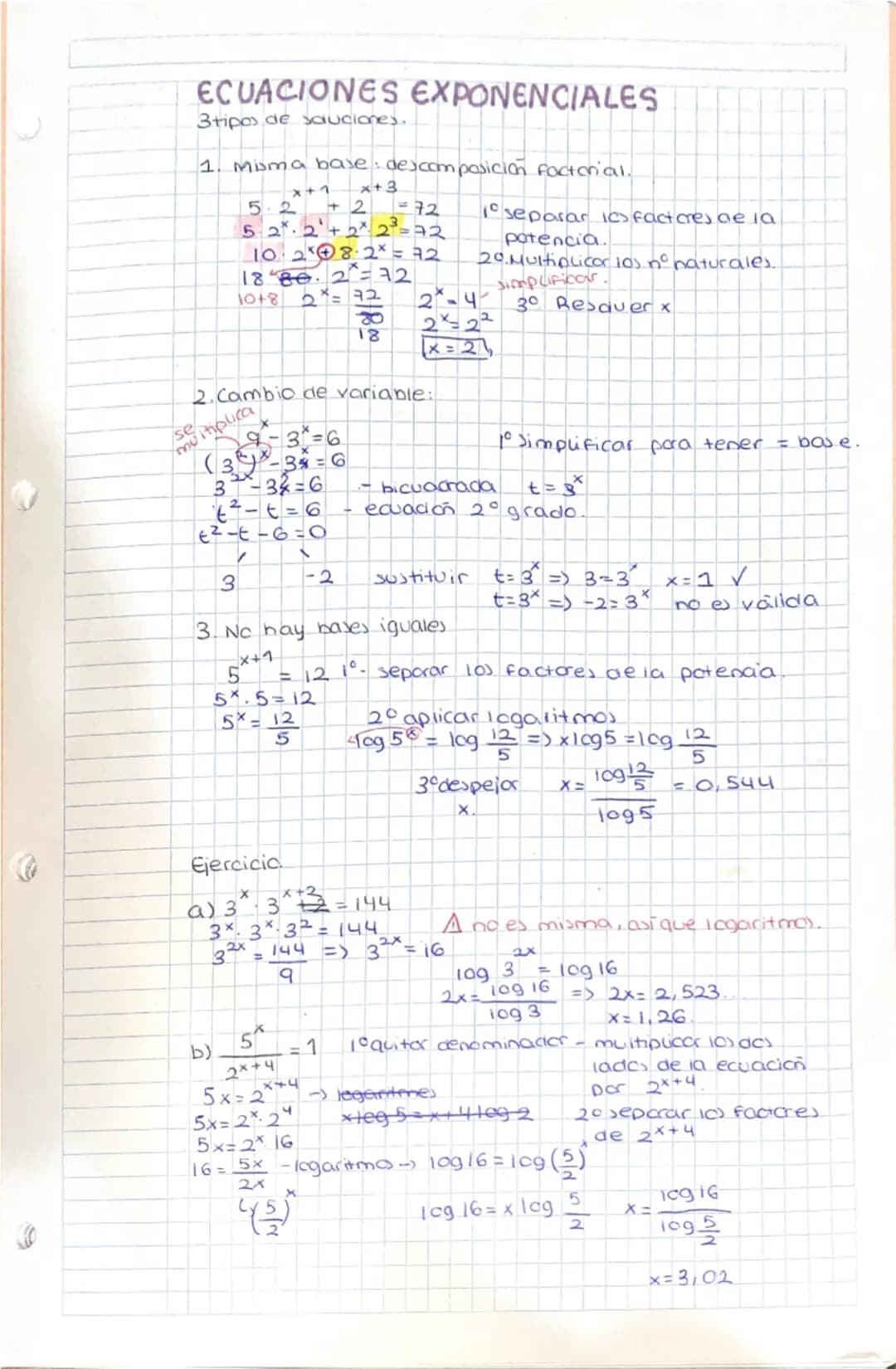 # ECUACIONES EXPONENCIALES
3tipos de sauciones.

1. misma base descomposición factorial.

$5 \cdot 2^{x+1} + 2^{x+3} = 72$ 1° separar ics fa