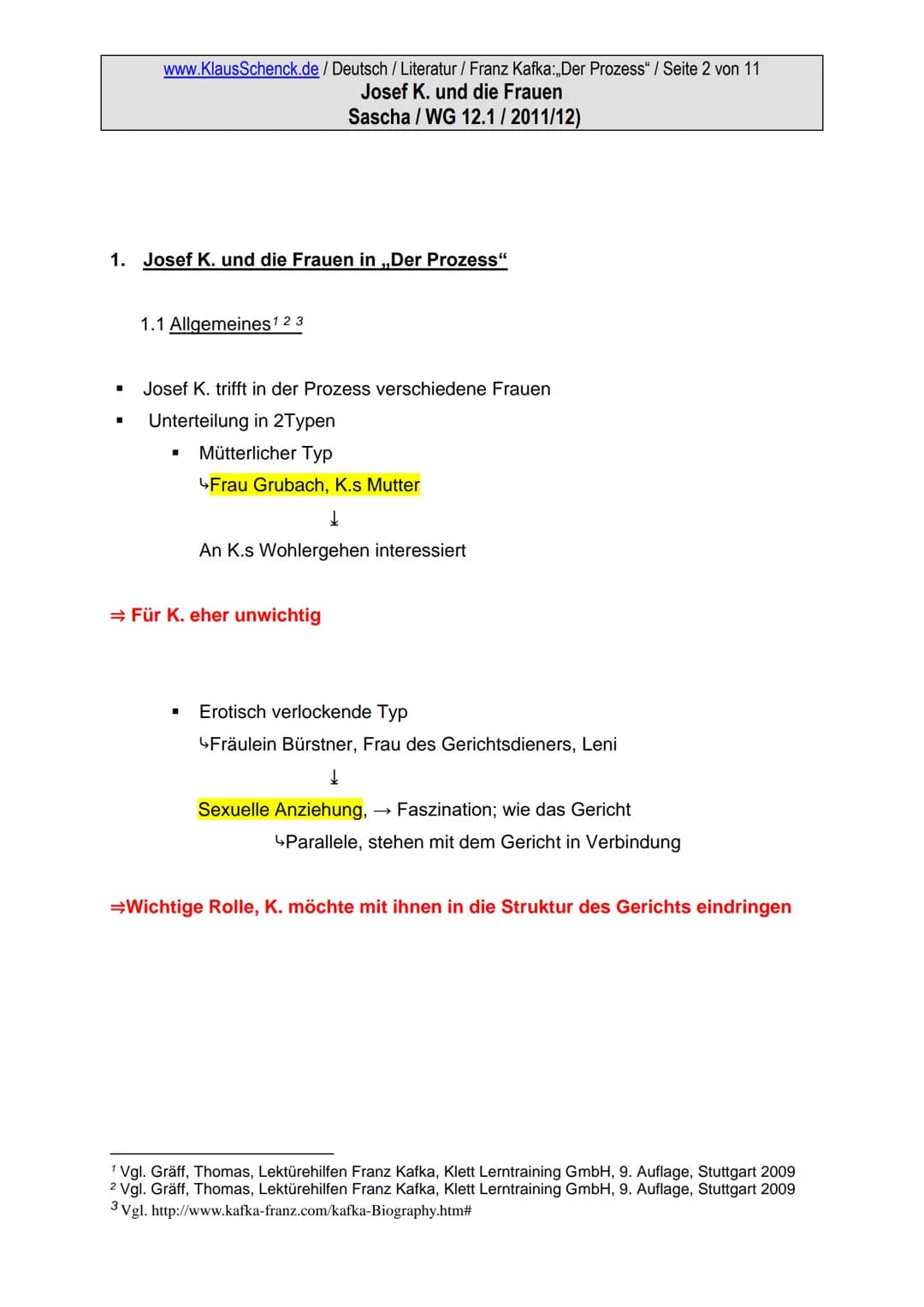 www.KlausSchenck.de / Deutsch / Literatur / Franz Kafka:,,Der Prozess" / Seite 1 von 11

Josef K. und die Frauen
Sascha / WG 12.1/2011/12)

