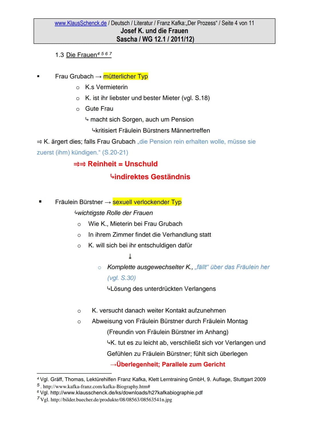 www.KlausSchenck.de / Deutsch / Literatur / Franz Kafka:,,Der Prozess" / Seite 1 von 11

Josef K. und die Frauen
Sascha / WG 12.1/2011/12)

