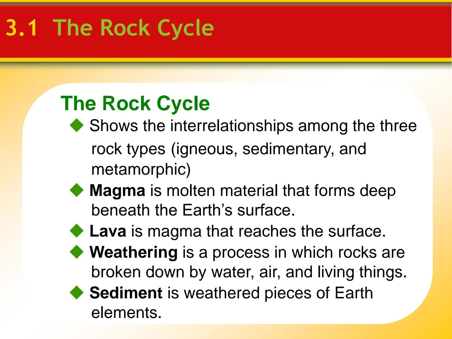 # Chapter

# 3 Rocks # 3.1 The Rock Cycle

Rocks

*   Rocks are any solid mass of mineral or
mineral-like matter occurring naturally
as part