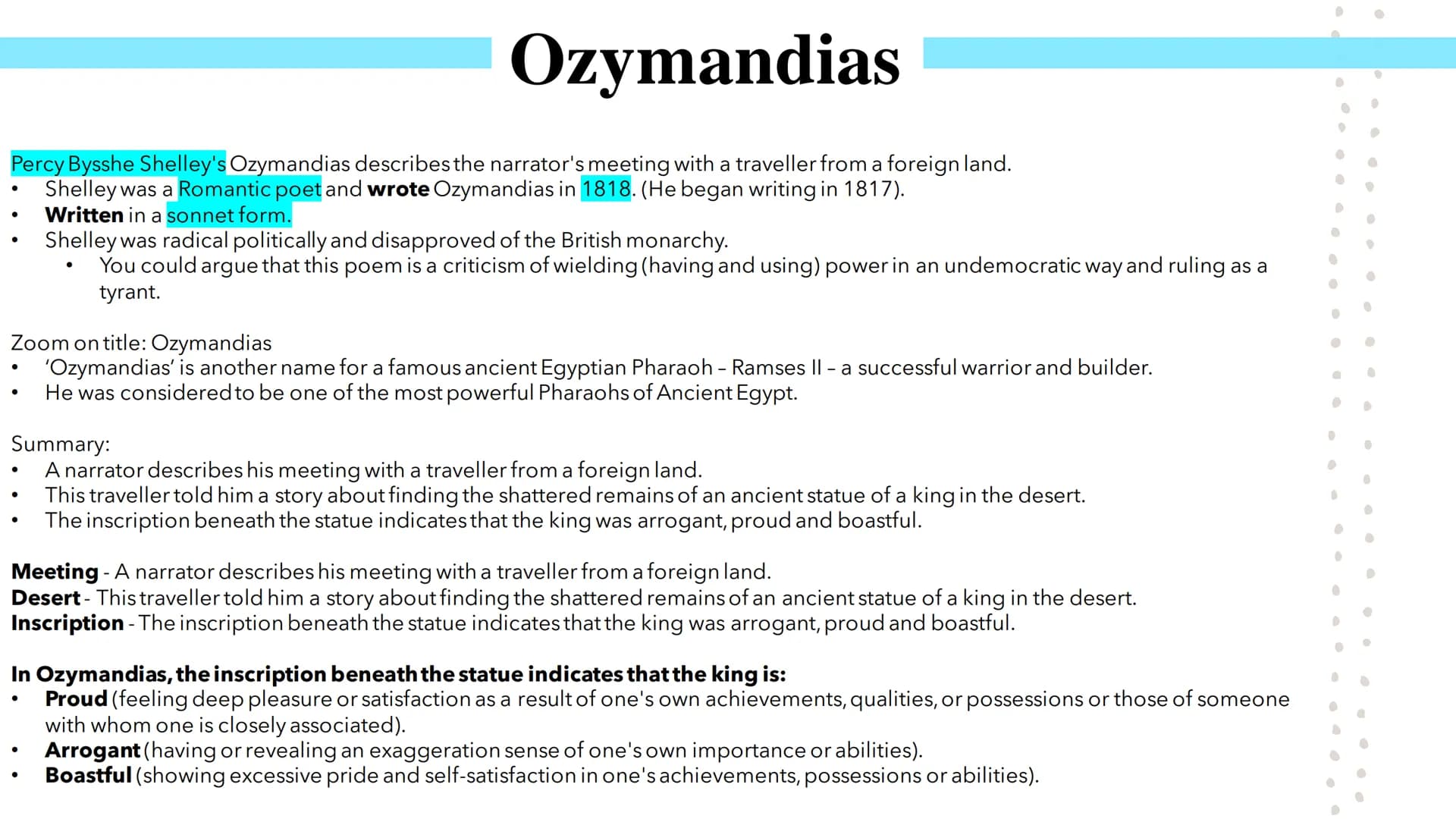 # Power and Conflict

Poetry GCSEs # Ozymandias

Percy Bysshe Shelley's Ozymandias describes the narrator's meeting with a traveller from a 