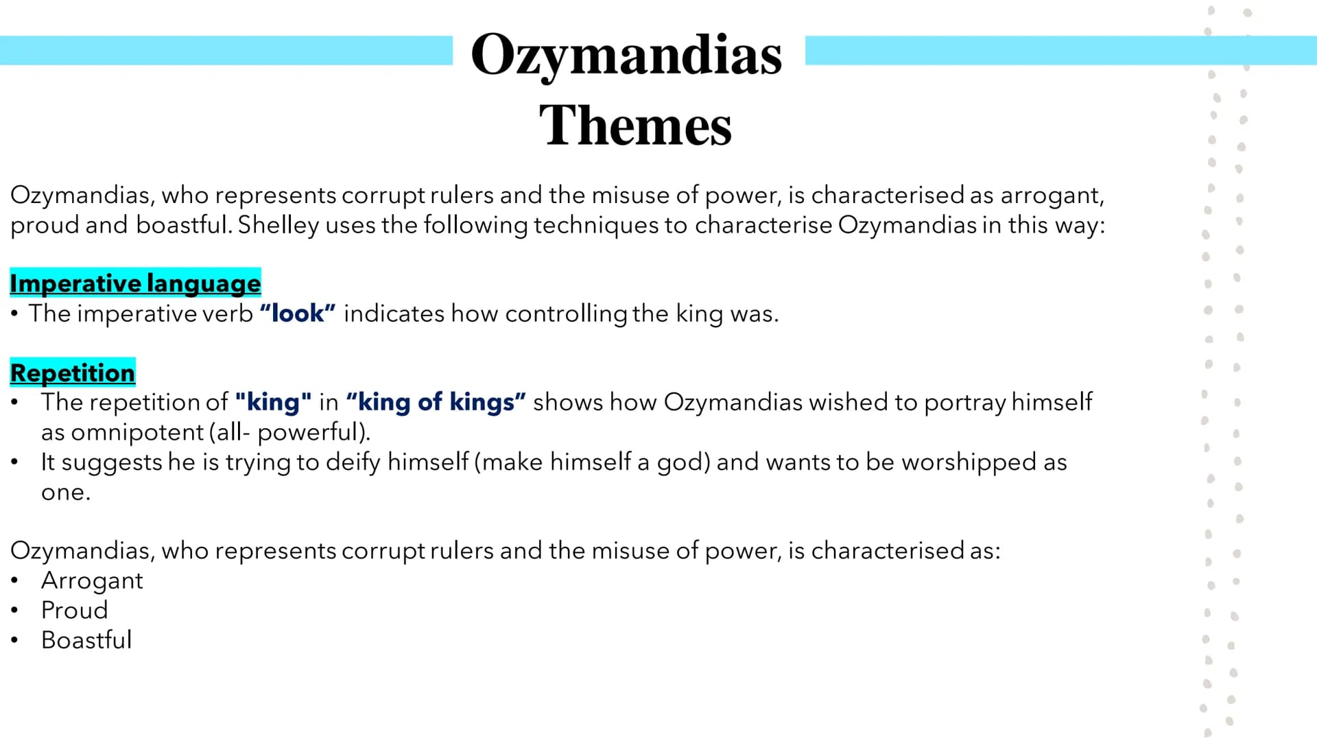 # Power and Conflict

Poetry GCSEs # Ozymandias

Percy Bysshe Shelley's Ozymandias describes the narrator's meeting with a traveller from a 