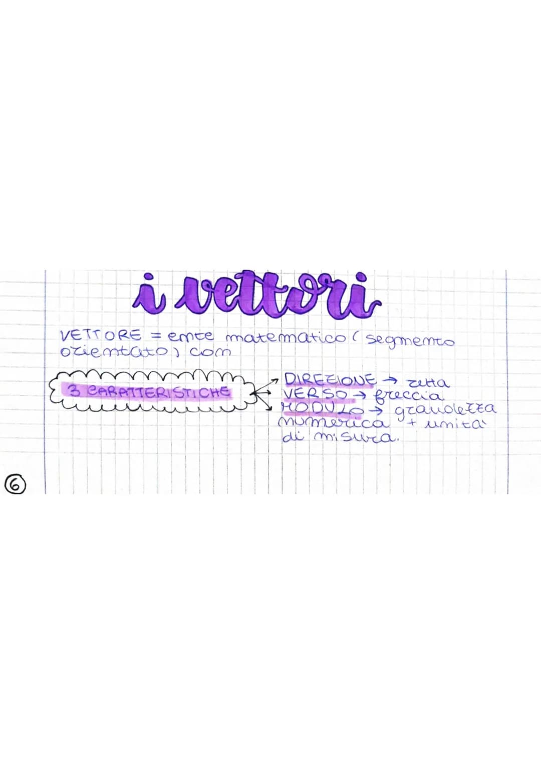 6

i vettori

VETTORE = emte matematico (segmento
orientator) com

3 CARATTERISTICHE

DIREZIONE $\rightarrow$ zetta
VERSO $\rightarrow$ frec