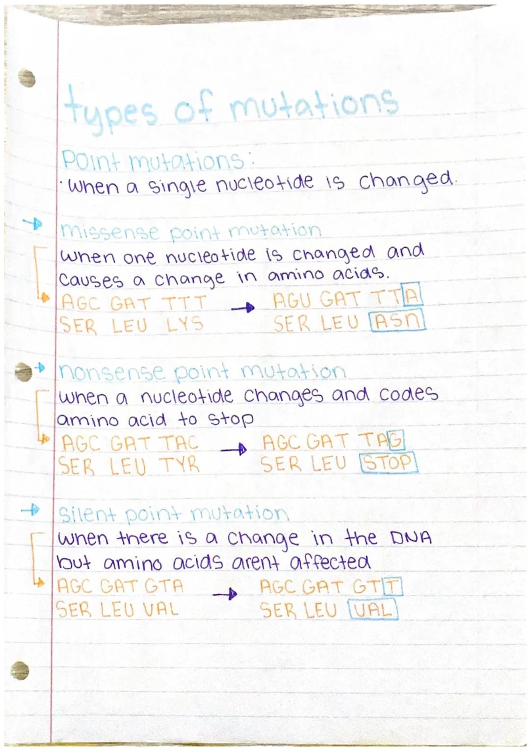 types of mutations

Point mutations:
When a single nucleotide is changed.

Missense point mutation
when one nucleotide is changed and
Causes