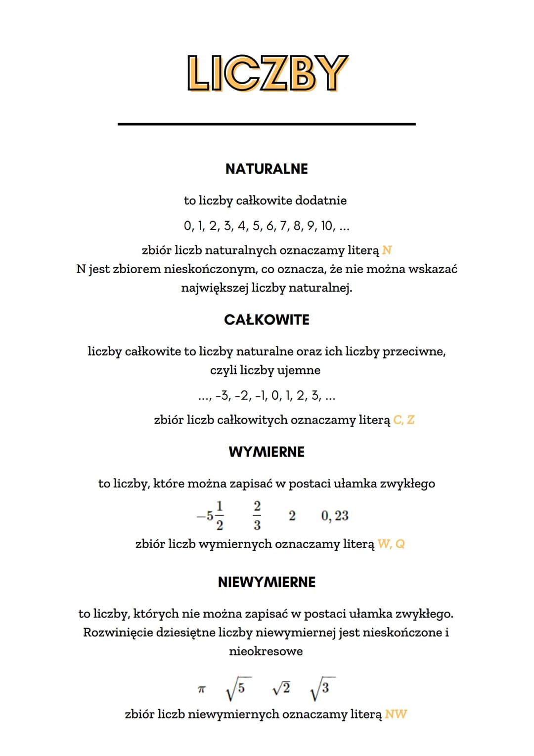 # LICZBY

NATURALNE
to liczby całkowite dodatnie
0, 1, 2, 3, 4, 5, 6, 7, 8, 9, 10, ...
zbiór liczb naturalnych oznaczamy literą N
N jest zbi