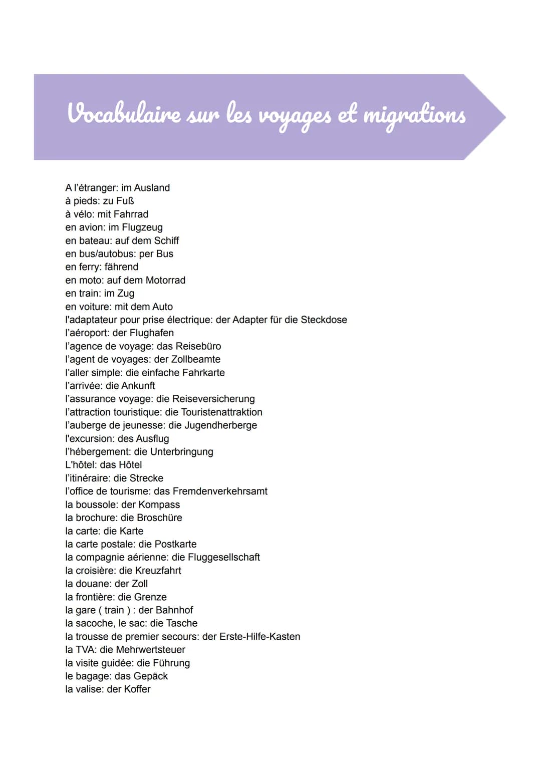 # Vocabulaire sur les voyages et migrations

A l'étranger: im Ausland
à pieds: zu Fuß
à vélo: mit Fahrrad
en avion: im Flugzeug
en bateau: a