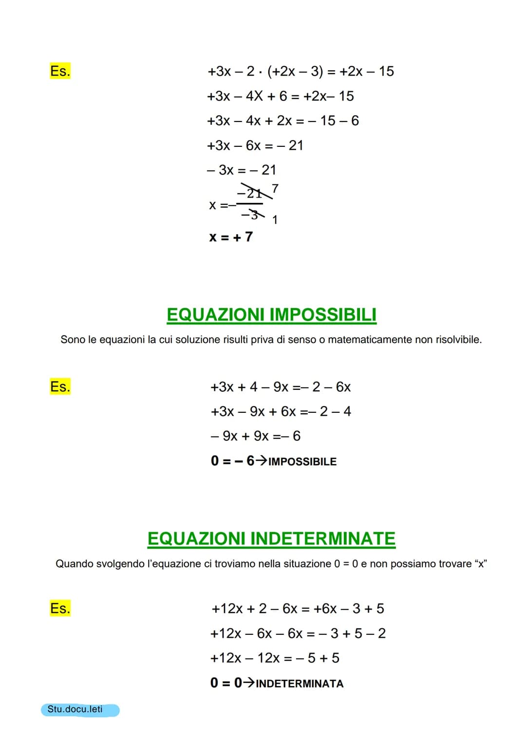 # EQUAZIONI

DEFINIZIONE: Un'equazione è un'uguaglianza fra due espressioni, di cui almeno una
letterale, che è verificata solo per particol