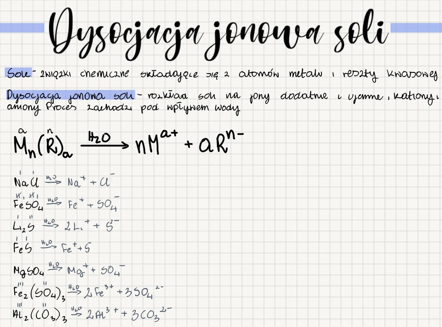 # Dysocjacja jonowa soli

Sole 2w1Q2kı chemiczne składające się z atomów metalu
I reszty kwasoweg

Dysojaga jonowa sou- rozkład soh na jony 