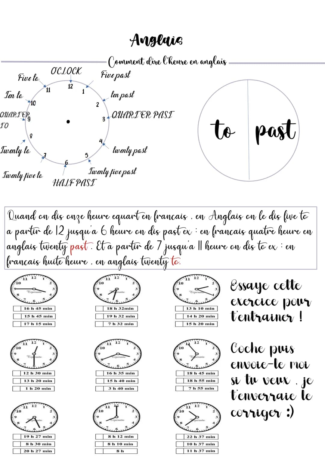 Five lo
OCLOCK
12
11
1
Ten to
Anglais
Comment dire l'heure en anglais.
Five past
ten past
10
2
QUARTER
QUARTER PAST
3
TO
8
4
to past
Twenty 