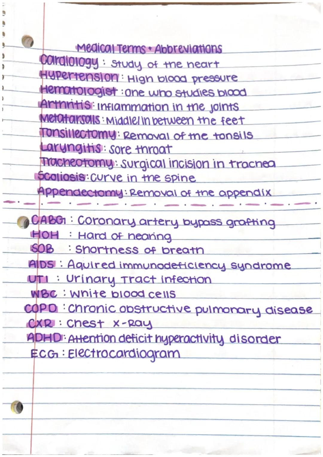 Medical Terms. Abbreviations

Cardiology: Study of the neart

Hypertension: High blood pressure

Hematologist : one who studies blood

Arthr
