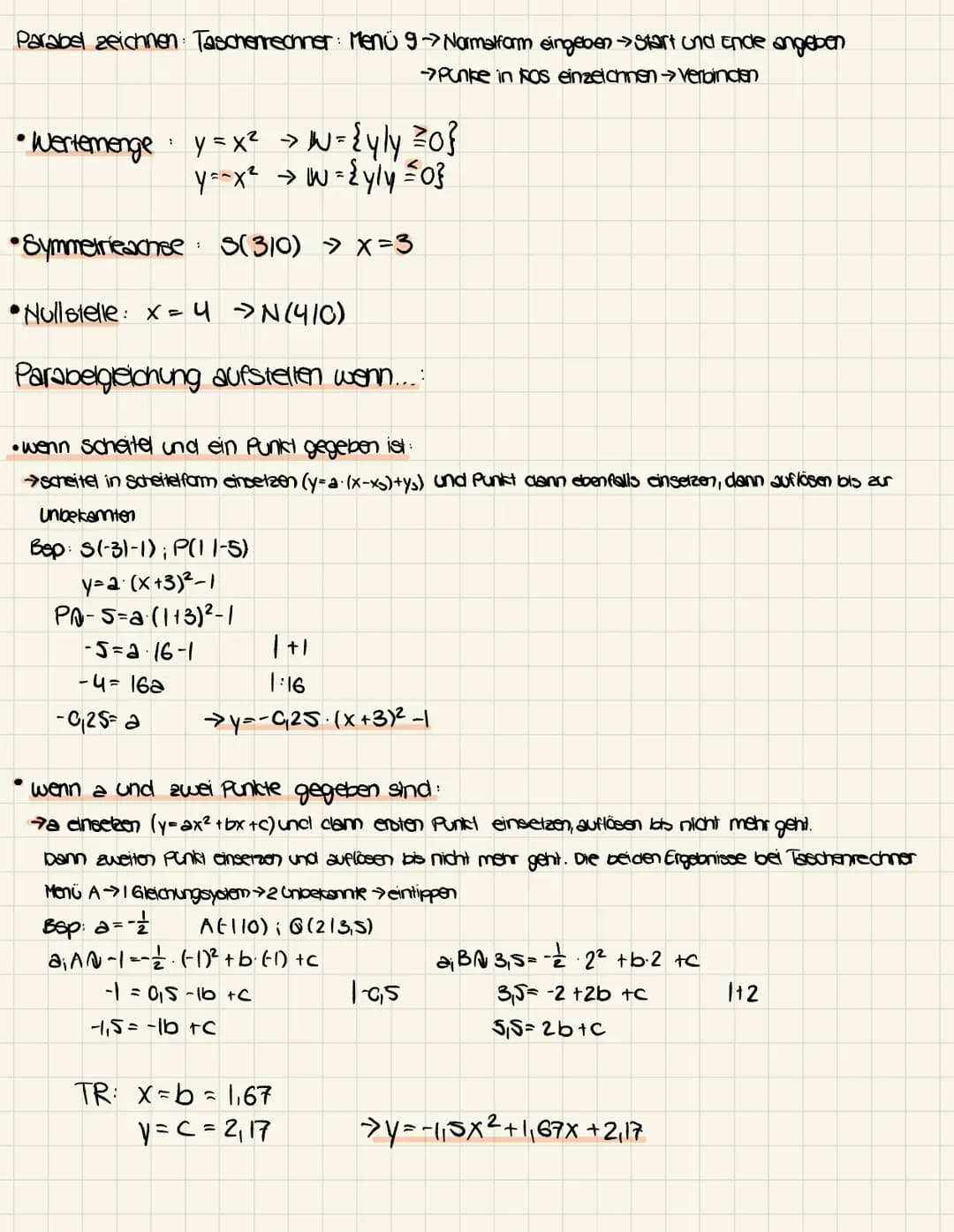 Parabeln:

Scheitelform: a. (x-xo)+ys
Normalform: ax² + bx + c

Normalparabel: y=x²
↓
•nach unten geöfinere Normalparabel: y=-x2
•nach links