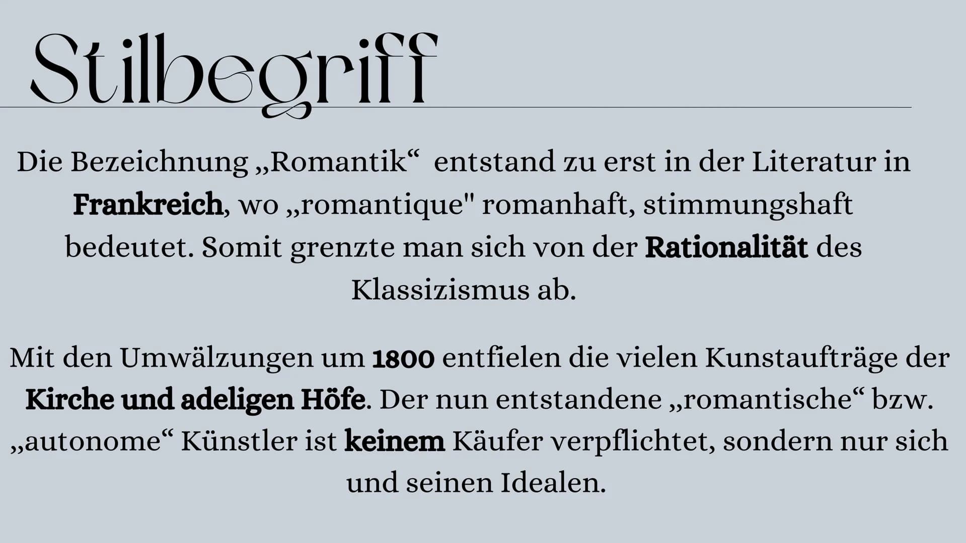 # Romantik

LK BK 11/2 # Gliederung

1. Stilbegriff
2. Allgemeine Informationen
3. Allgemeine Motive
4. Die Suche nach der Blauen Blume
5. A