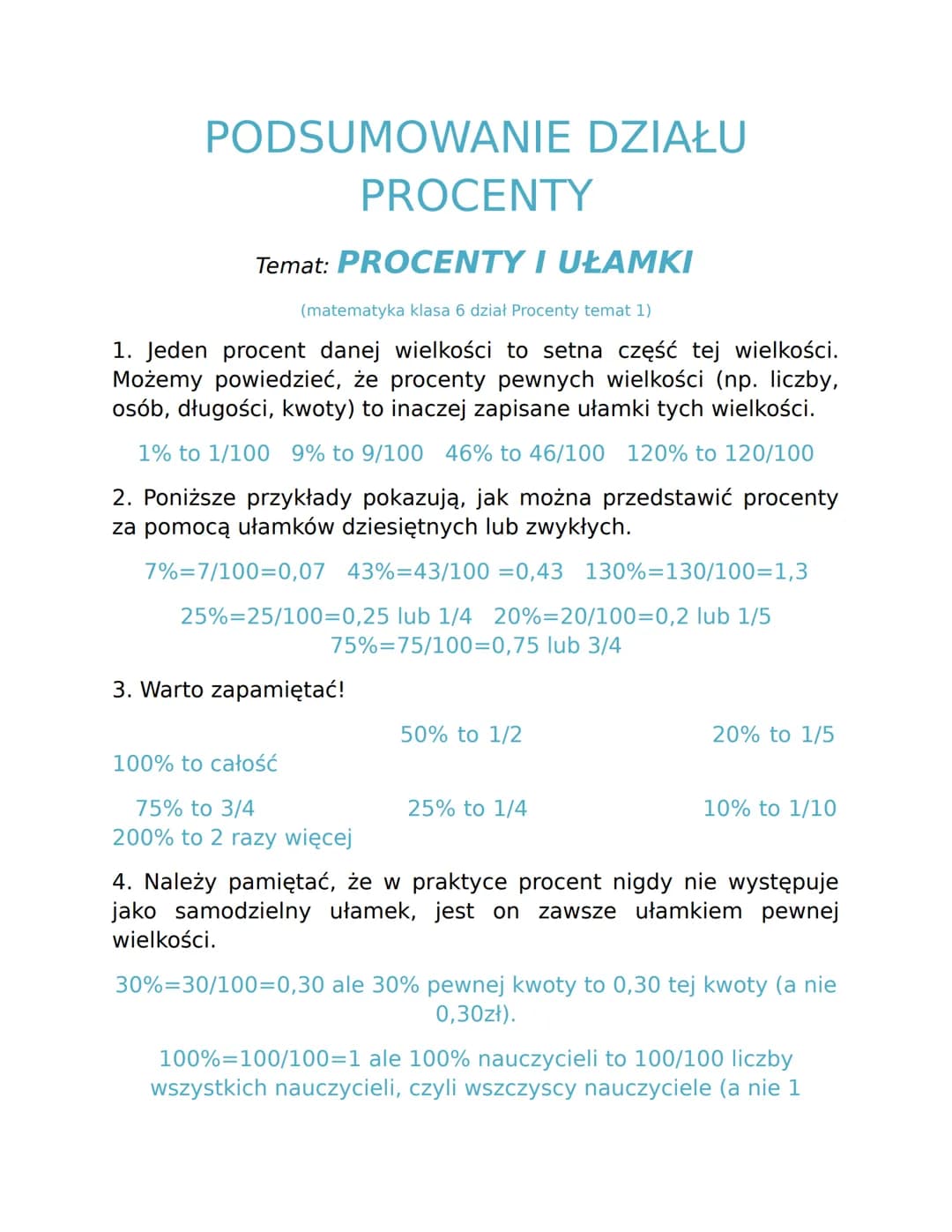 # PODSUMOWANIE DZIAŁU

# PROCENTY

Temat: PROCENTY I UŁAMKI

(matematyka klasa 6 dział Procenty temat 1)

1. Jeden procent danej wielkości t