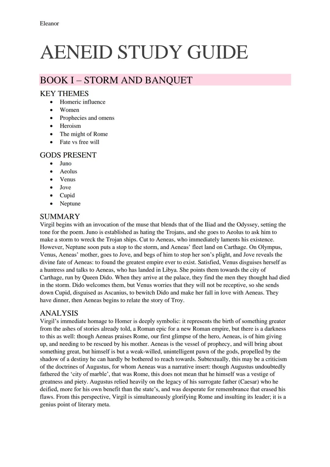 Eleanor

AENEID STUDY GUIDE

BOOK I - STORM AND BANQUET

KEY THEMES
- Homeric influence
- Women
- Prophecies and omens
- Heroism
- The might
