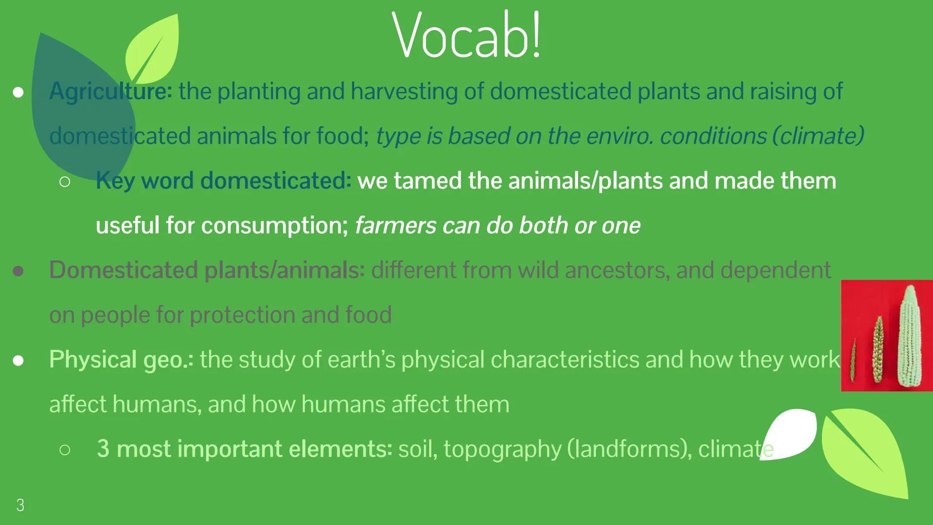 Unit 5 Topic 1
Intro to Agriculture ## EK's!

5.1

- Agri. practices are influenced by
physical geo. and climate
  - Mediterranean
  - Tropi