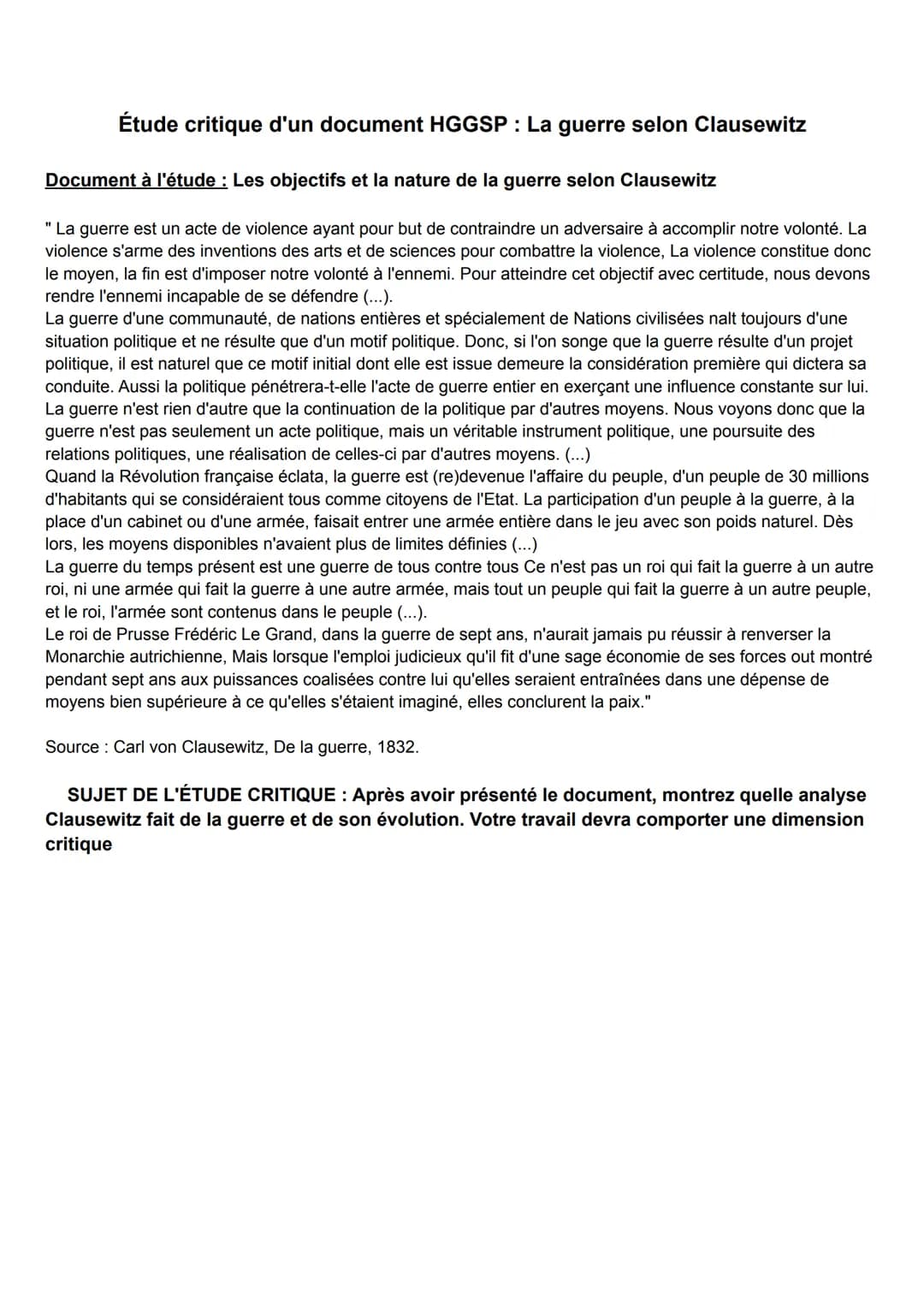 # Étude critique d'un document HGGSP: La guerre selon Clausewitz

Document à l'étude: Les objectifs et la nature de la guerre selon Clausewi
