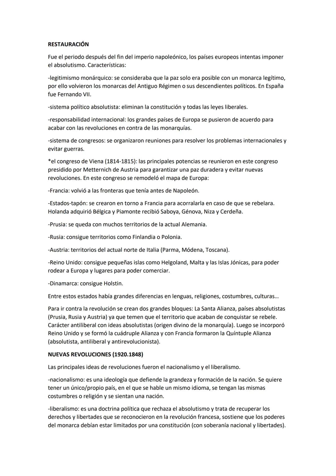 RESTAURACIÓN

Fue el periodo después del fin del imperio napoleónico, los países europeos intentas imponer
el absolutismo. Características:
