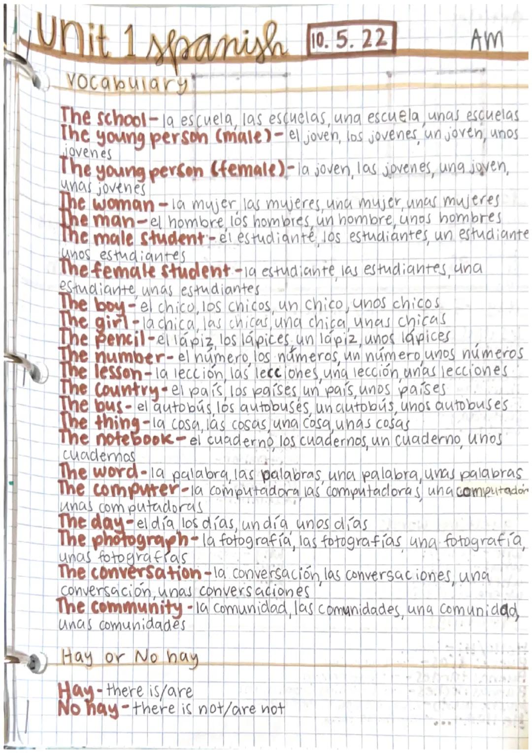 # Unit 1 spanish 10.5.22

Vocabulary

AM

The school-la escuela, las escuelas, una escuela, unas escuelas
The young person (male)- el joven,