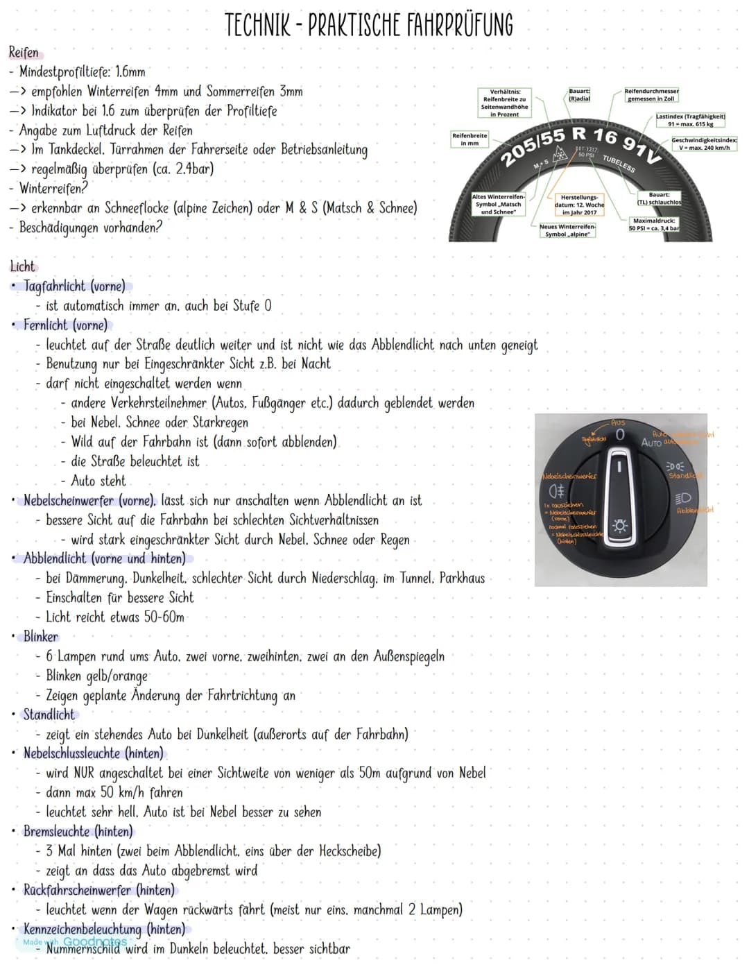 TECHNIK - PRAKTISCHE FAHRPRÜFUNG

Reifen
- Mindestprofiltiefe: 1.6mm
-> empfohlen Winterreifen 4mm und Sommerreifen 3mm
-> Indikator bei 1.6
