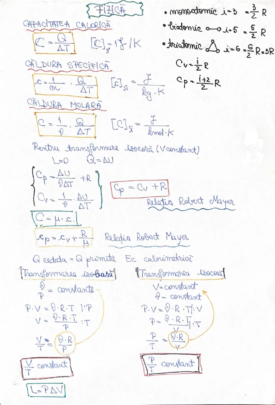 FIZICA
CAPACITATEA CALORICA
$C = \frac{Q}{\Delta T}$  $[C]_J = \frac{J}{^oC \cdot K}$
CALDURA SPECIFICA
$c = \frac{1}{m} \cdot \frac{Q}{\Del
