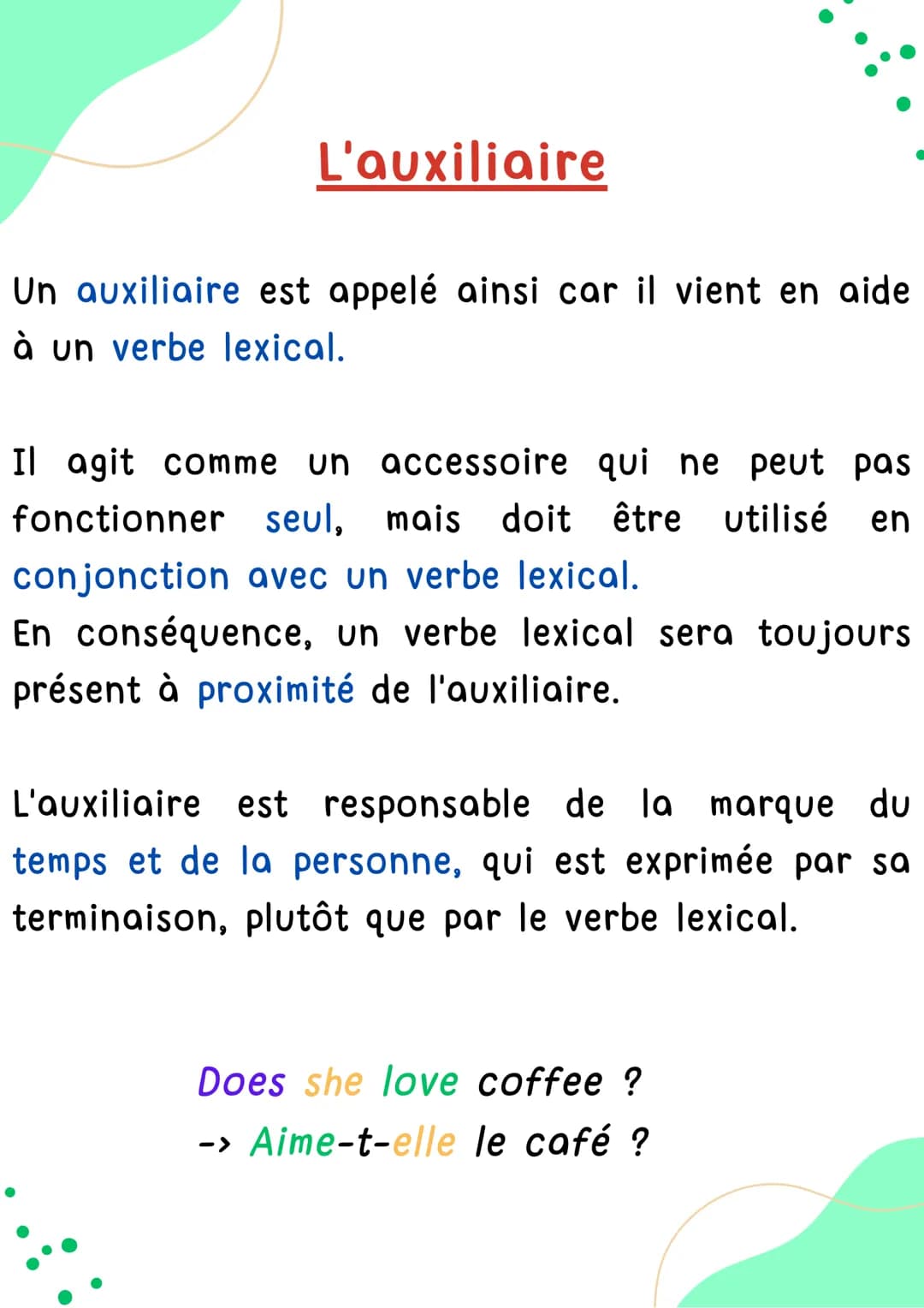 # AUXILIAIRE "DO"

Anglais # L'auxiliaire

Un auxiliaire est appelé ainsi car il vient en aide
à un verbe lexical.

Il agit comme un accesso
