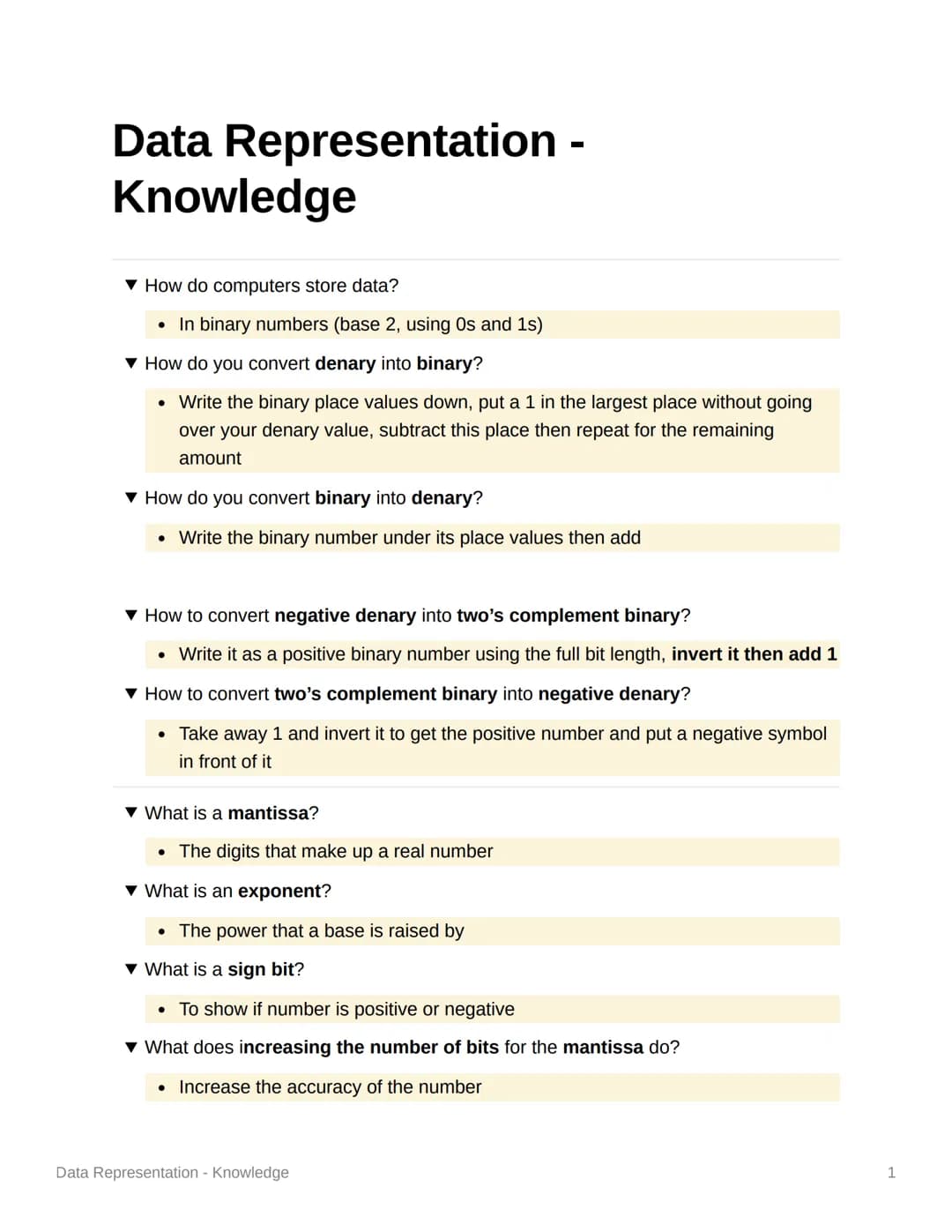# Data Representation -
# Knowledge

▼ How do computers store data?
*   In binary numbers (base 2, using Os and 1s)

▼ How do you convert de