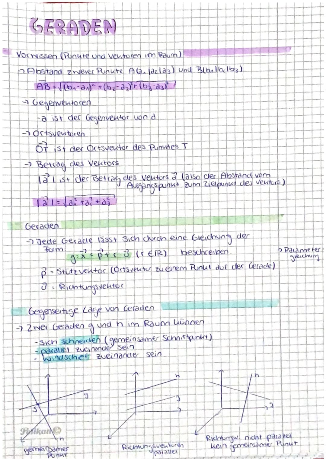 GERADEN

Vorwissen (Punute und Ventoren im Raum)
→ Abstand zweier Punute A(a₁a₂a₃) und B(b₁b₂b₃)
$AB = \sqrt{(b₁-a₁)²+(b₂-a₂)²+(b₃-a₃)²}$
→ 