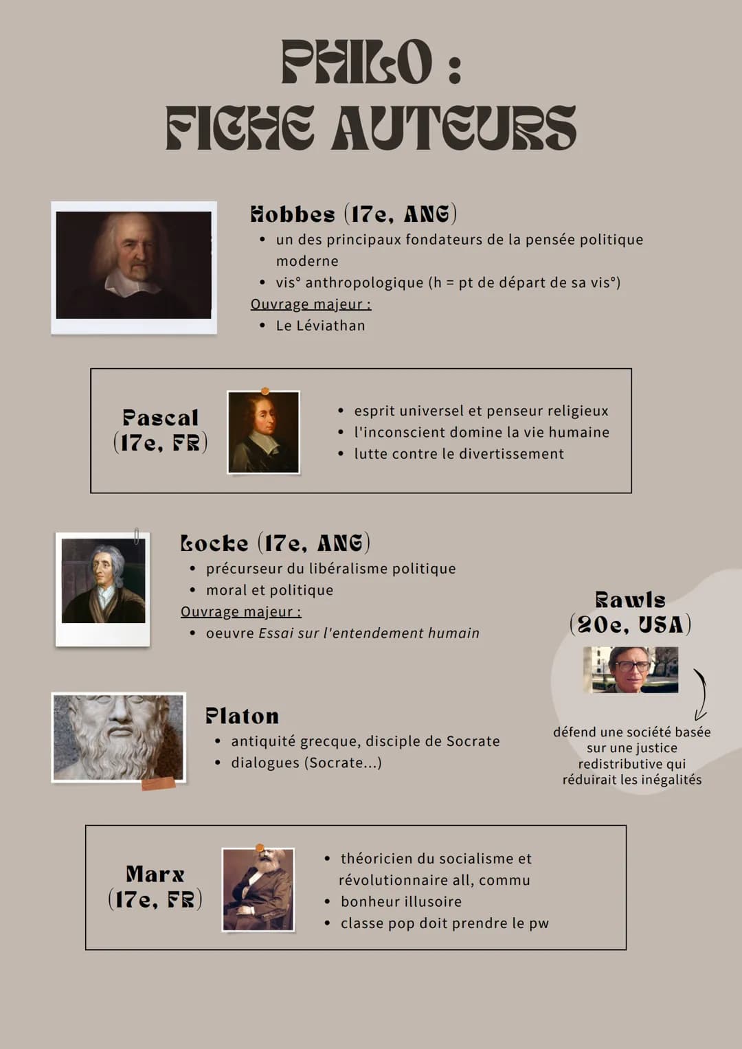 # PHILO:
# FICHE AUTEURS

Hobbes (17e, ANG)

*   un des principaux fondateurs de la pensée politique
    moderne
*   vis° anthropologique (h