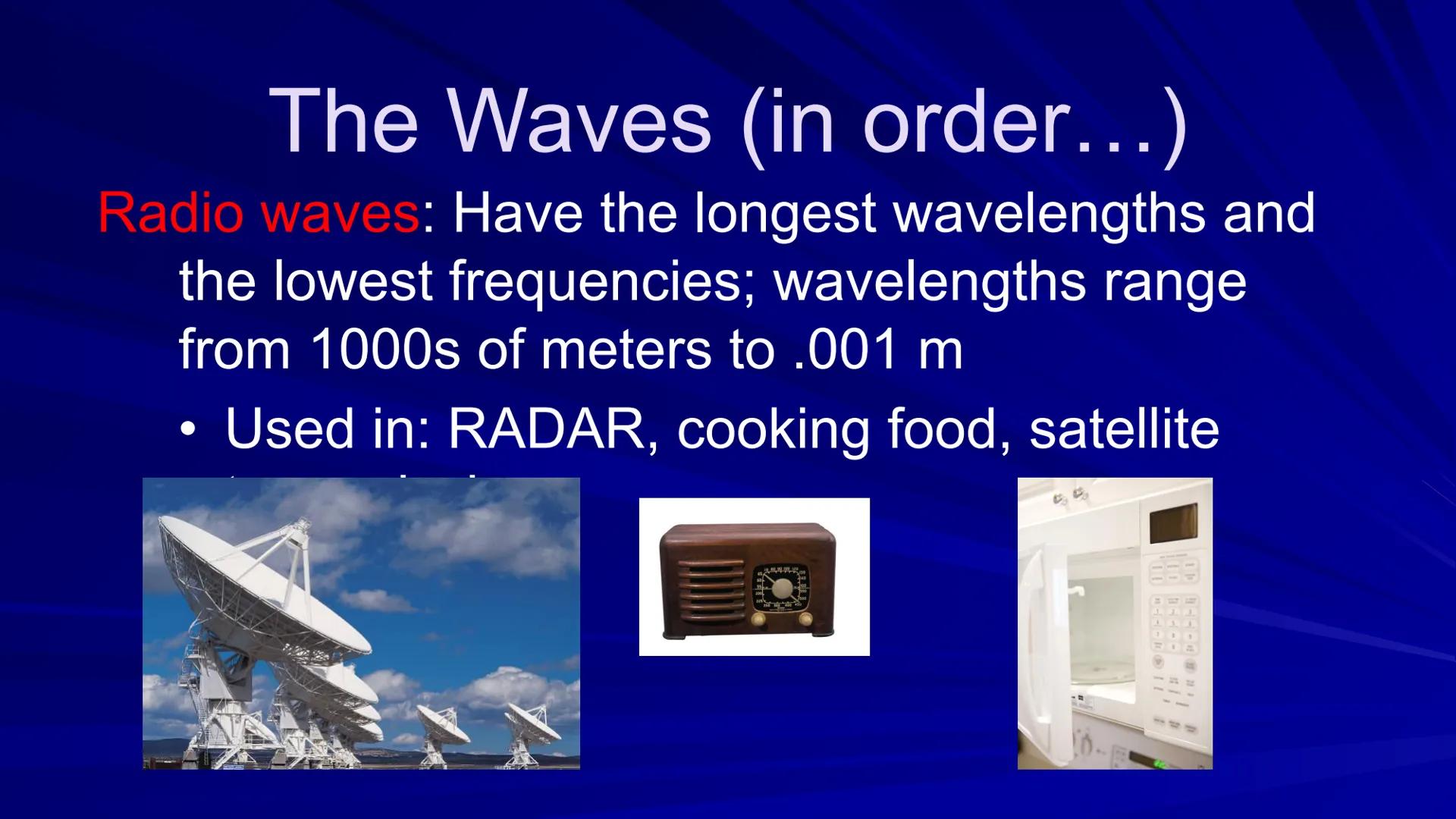 # THE ELECTROMAGNETIC SPECTRUM

Wavelength
(in meters)

Size of a
wavelength

Common
name of wave

Sources

Frequency
(waves per
second)

En