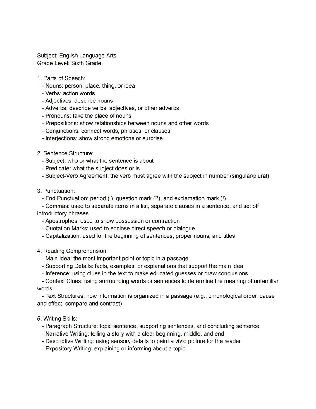 Subject: English Language Arts
Grade Level: Sixth Grade

1. Parts of Speech:
- Nouns: person, place, thing, or idea
- Verbs: action words
- 