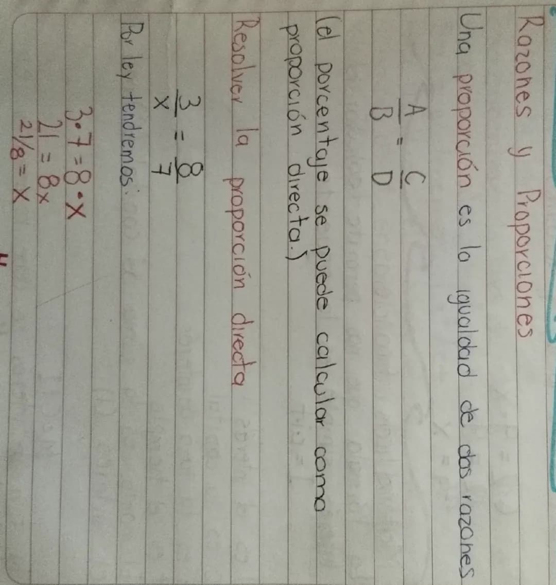 Razones y Proporciones

Una proporción es la igualdad de dos razones.

$
\frac{A}{B} = \frac{C}{D}
$

(el porcentaje se puede calcular como
