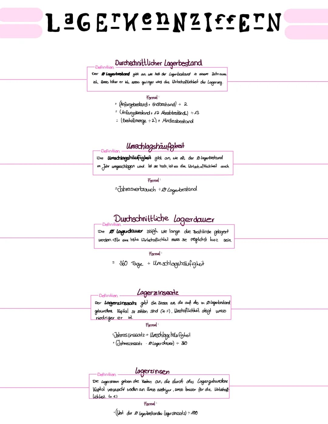 # LAGERKENNZIFFERN

Durchschnittlicher Lagerbestand
-Definition
Der Lagerbestand gibt an, wie hoch der Lagerbestand in einem Zeitraum
ist, U