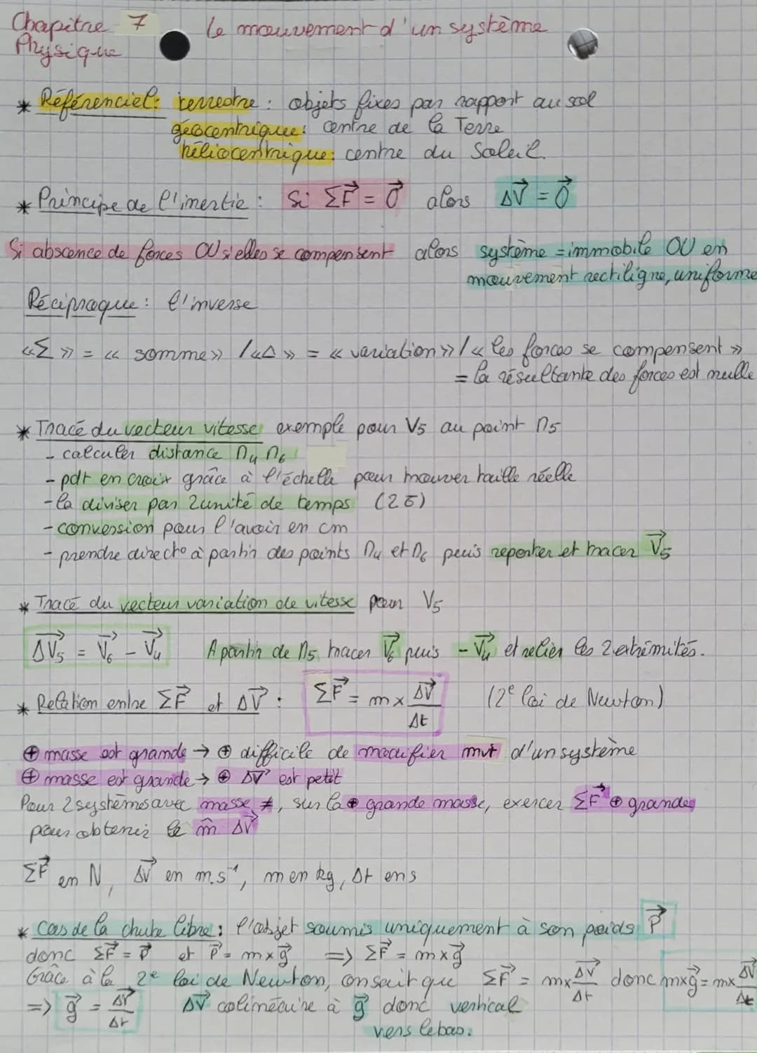 Chapitre 7
Physique
le mouvement d'un système
* Référenciel: terrestre : objets fixes par rapport au sol
geocentriquee. centre de la Terre
h