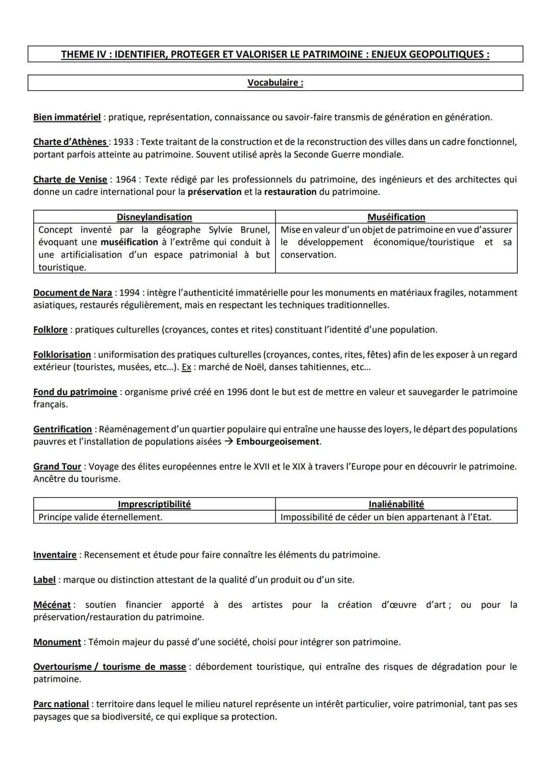 # THEME IV: IDENTIFIER, PROTEGER ET VALORISER LE PATRIMOINE : ENJEUX GEOPOLITIQUES :

Vocabulaire :

Bien immatériel: pratique, représentati