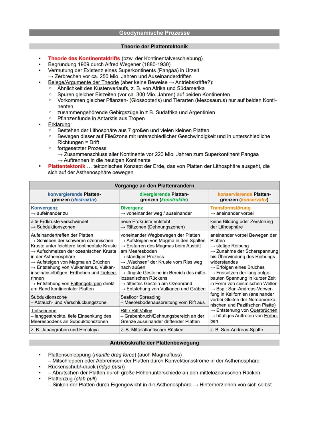# Geodynamische Prozesse

## Theorie der Plattentektonik

*   Theorie des Kontinentaldrifts (bzw. der Kontinentalverschiebung)
    *   Begrü