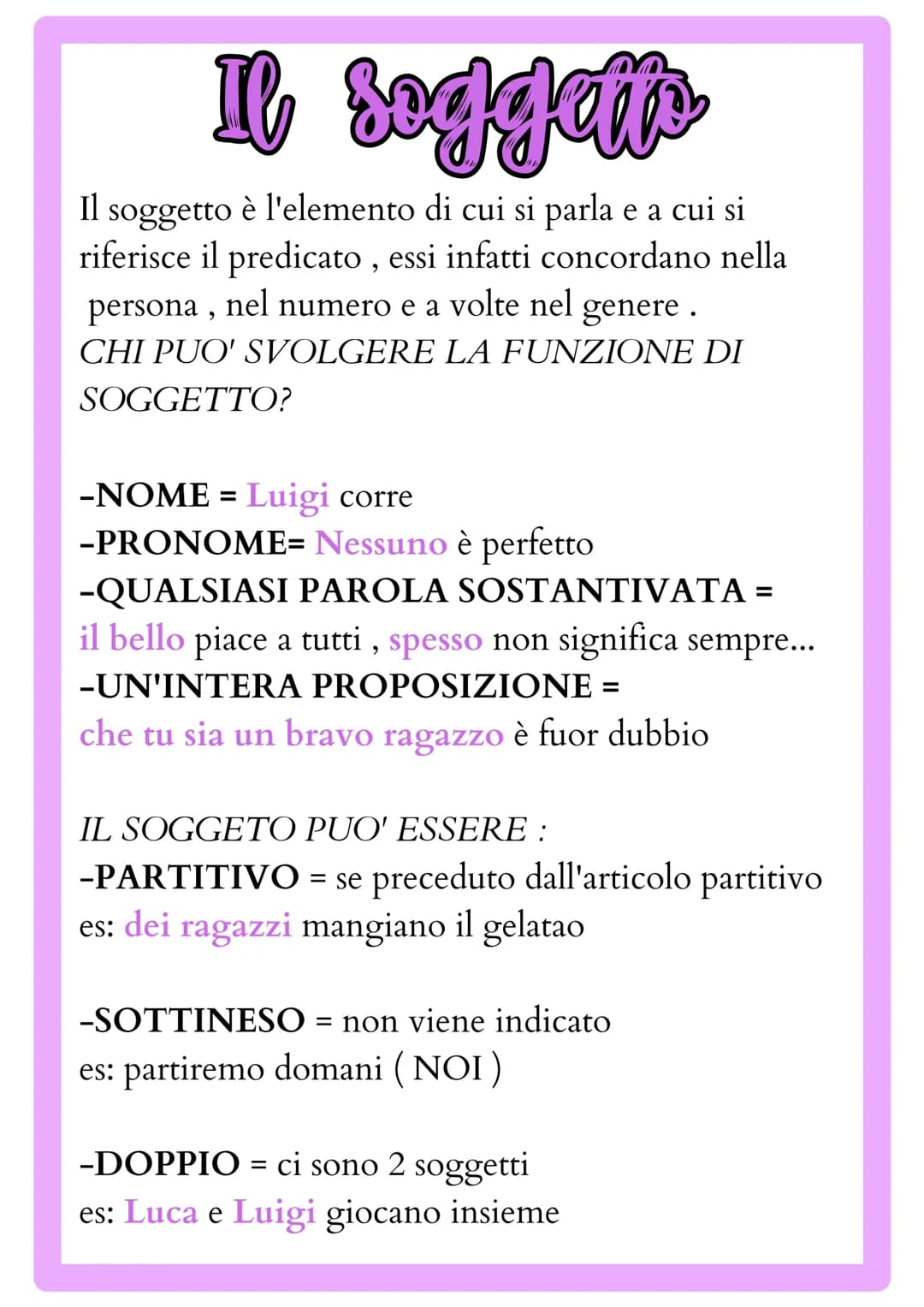# Il soggetto

Il soggetto è l'elemento di cui si parla e a cui si
riferisce il predicato, essi infatti concordano nella
persona, nel numero