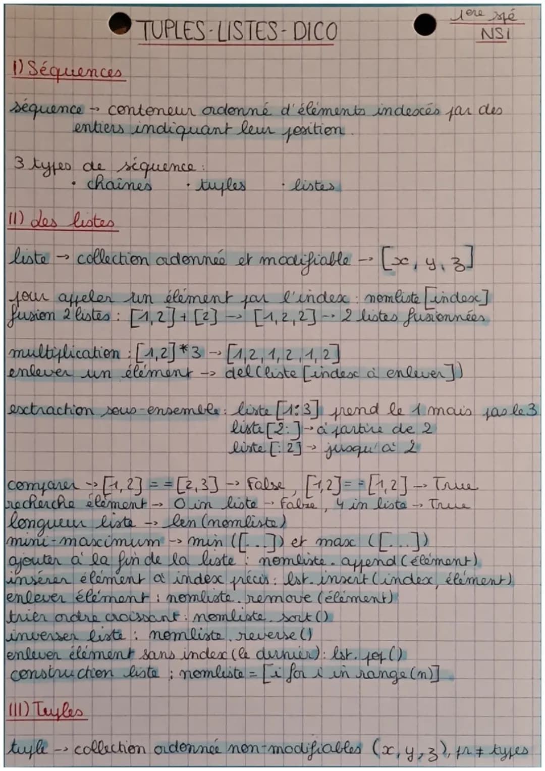 # TUPLES-LISTES-DICO

_Mere spé_
NSI

1) Séquences

séquence conteneur ordonné d'éléments indescés par des
entiers indiquant leur position.
